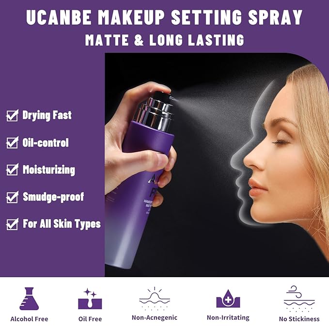 UCANBEMAKUP Long Lasting Makeup Setting Spray Kit- 6.76 Fl oz Hydrating Matte Finish Mist Lightweight Face Make up Fixer +Translucent Loose Setting Powder+2PC Sponge Puff Set-Velvo Beauty