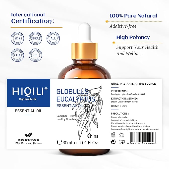 HIQILI Eucalyptus Essential Oil 1 Fl Oz, 100% Pure Natural Therapeutic Grade, Premium Grade Glass Dropper for Diffuser, Humidifier, Air Freshening, Cleaning, Home, Skin-Velvo Beauty