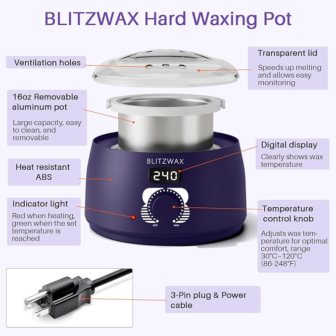 BLITZWAX Single Waxing Pot, Hard Wax Warmer for Face, Legs, Bikini, Brazilian and Body, for 16 oz, At Home Hair Removal Kit, for Men, Beginner Friendly, Quick Heating, Precise Temperature Control-Velvo Beauty