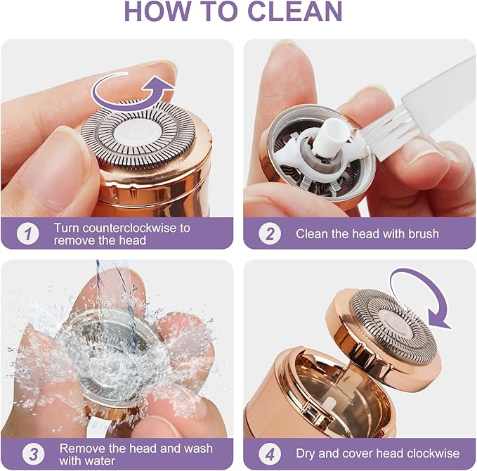Facial Hair Removal for Women, Painless Rechargeable Hair Removal Device, Comes with 2 Replacement Heads, Portable Electric Shaver/Razor for Face, Chin, Upper Lip, arms and Peach Fuzz (Purple)-Velvo Beauty