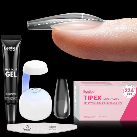 Beetles Tipex Gel Nail Kit with 224Pcs 16Sizes Medium Coffin Apex Nail Tips C Curved , Pre-building Acrylic Nails with Tipex Nail Glue，Mini Nail Lamp, Nail File for DIY Nails or Salon Use-Velvo Beauty