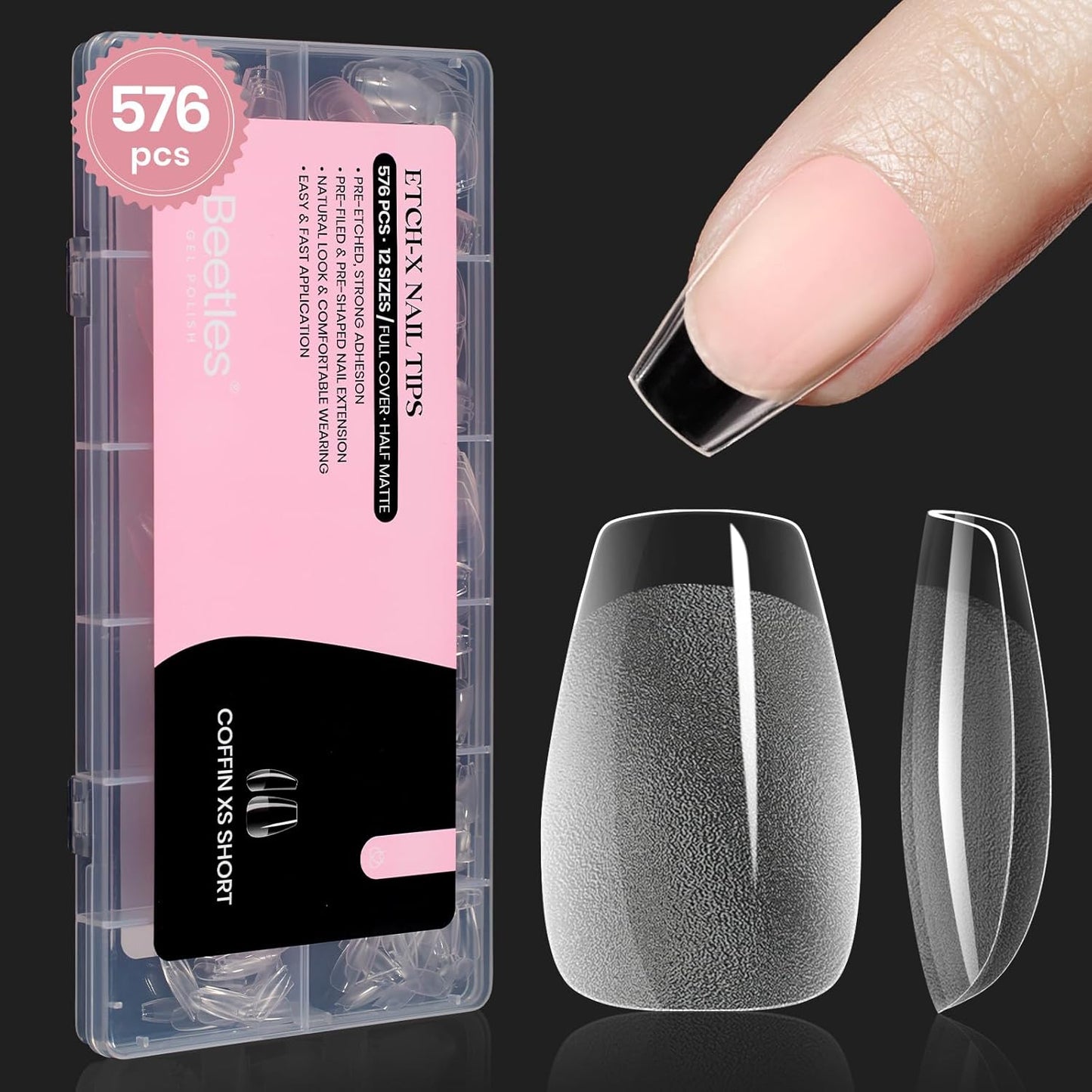 Beetles Gel Nail Tips Extra Short Coffin 576Pcs 12 Sizes - Pre-Etched Shaped Half Matte Soft Nail Tips Press On Nails Full Cover False Nails Acrylic Fake Nail Extension Kit Gift for Women-Velvo Beauty