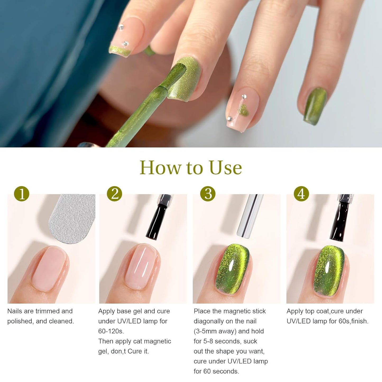 Cat Eye Gel Nail Polish with Magnet Stick, 15ml Glitter Holographic Nail Polish, Magnetic Effect Gel for Home DIY Manicure Gift, Jelly Green-Velvo Beauty