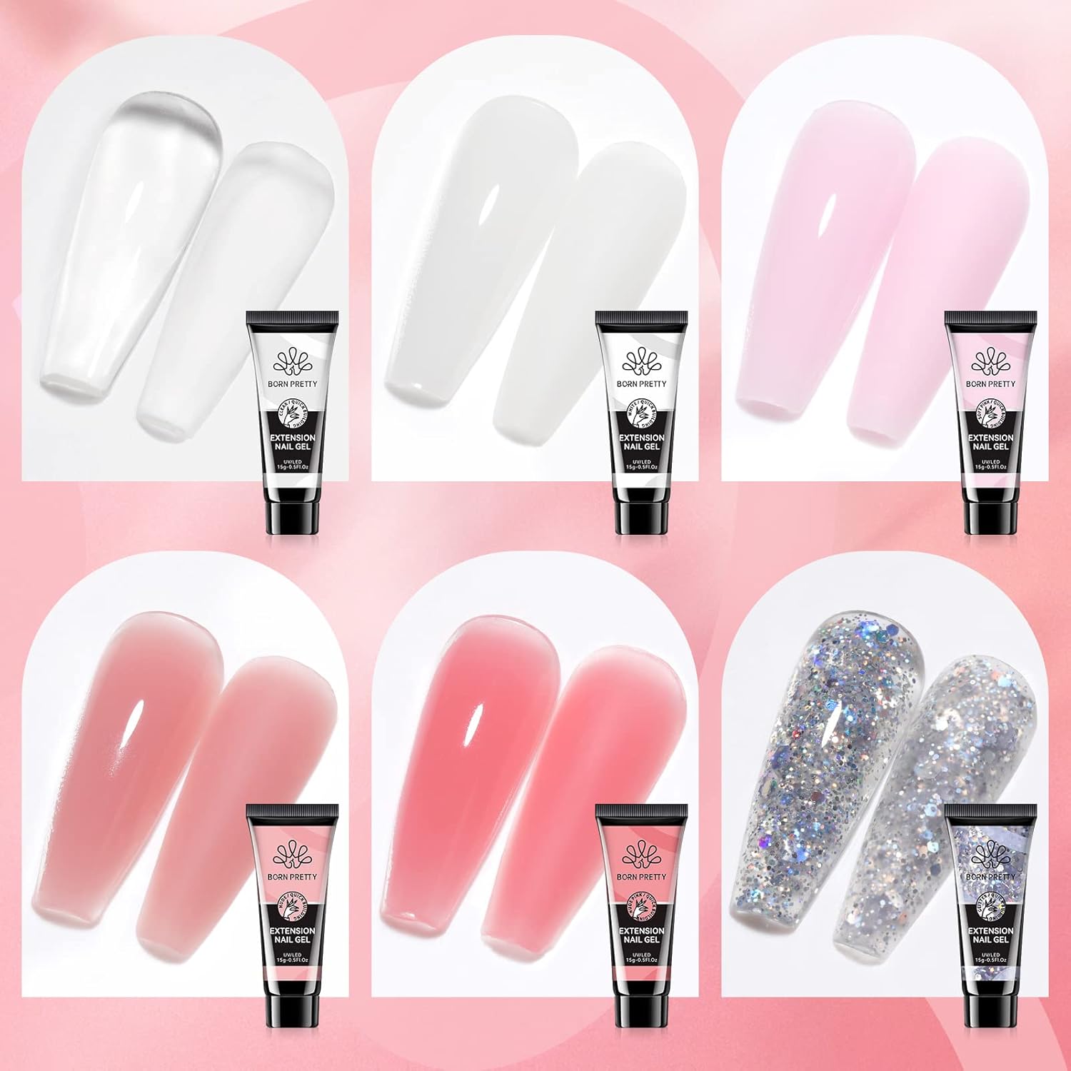 BORN PRETTY Poly Nail Extension Gel Kit-6 Colors Poly Nails Gel Kit Nude Clear Jelly Pink All In One Kit Builder Glue Gel with Nail Lamp Base Top Coat Set Nail Forms French Manicure Set for Beginner Starter DIY at Home Mother's Day Gifts-Velvo Beauty