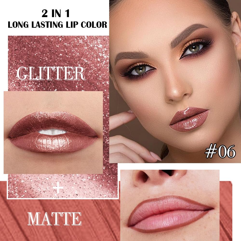 Kaely 2-in-1 Dark Bronze Metallic Lipstick and Lip Liner, Shimmer Liquid Metallic Lipsticks for Women, Glitter Lip Gloss Stain Long Lasting Waterproof Smudge Proof 24 Hour, Vegan Makeup, 06-Velvo Beauty