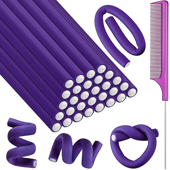 Syhood 30 Pcs 7'' Flexible Curling Rods Twist Foam Hair Rollers Soft Foam No Heat Hair Rods Rollers and 1 Steel Pintail Comb Rat Tail Comb for Women Long Short Hair(Purple,7 x 0.39 Inch)-Velvo Beauty