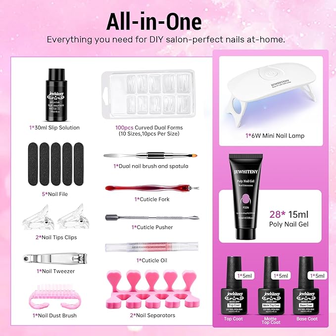 JEWHITENY Poly Gel Nail Kit 28 Colors Nude Gray Glitter with Nail Lamp Base Top Coats Builder Gel All-In-One Set Ideal for Designs DIY At Home Need U V Lamp Curing-Velvo Beauty