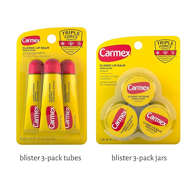 Set of 6 Medicated Lip Balms by Carmex: 3 Jars and 3 Tubes. Carmex Lip Balm Moisturizer, Trusted Relief for Dry, Chapped Lips. Bundled with Silicone Lip Brush and Lip Balm Holder Keychain (White)-Velvo Beauty