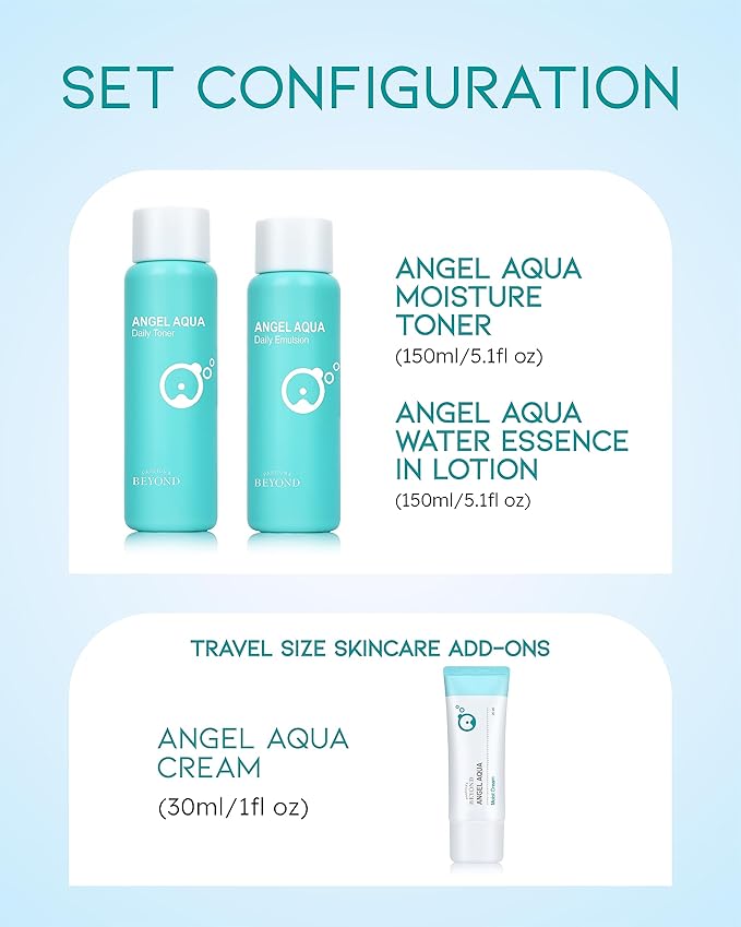 BEYOND Angel Aqua Moisture Skincare Set (Skincare Set, 11.2fl oz , 3-Piece Set) - Vegan Formula Korean Skin Care for Dry & Rough Skin , Hyaluronic Acid, Cica, Pantenol-Velvo Beauty