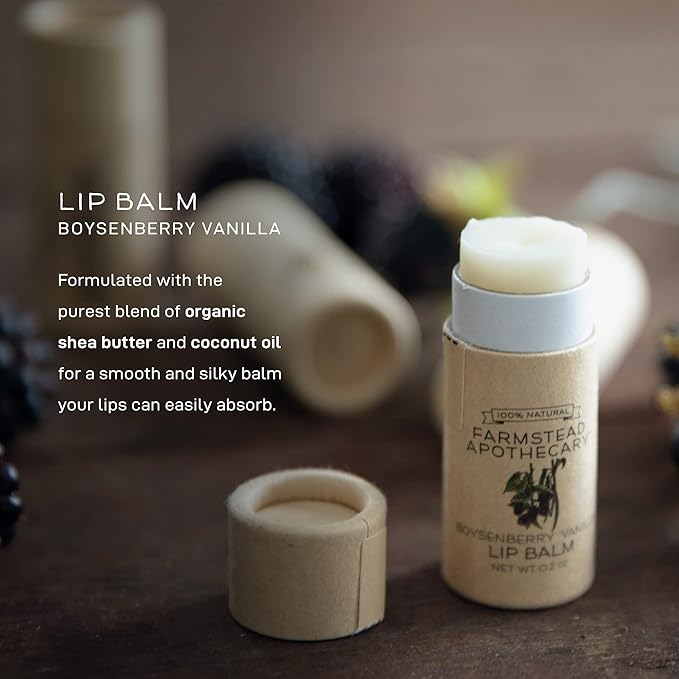 Farmstead Apothecary 100% Natural Lip Balm with Organic Beeswax, Organic Shea Butter & Organic Coconut Oil, Boysenberry Vanilla 0.2oz-Velvo Beauty