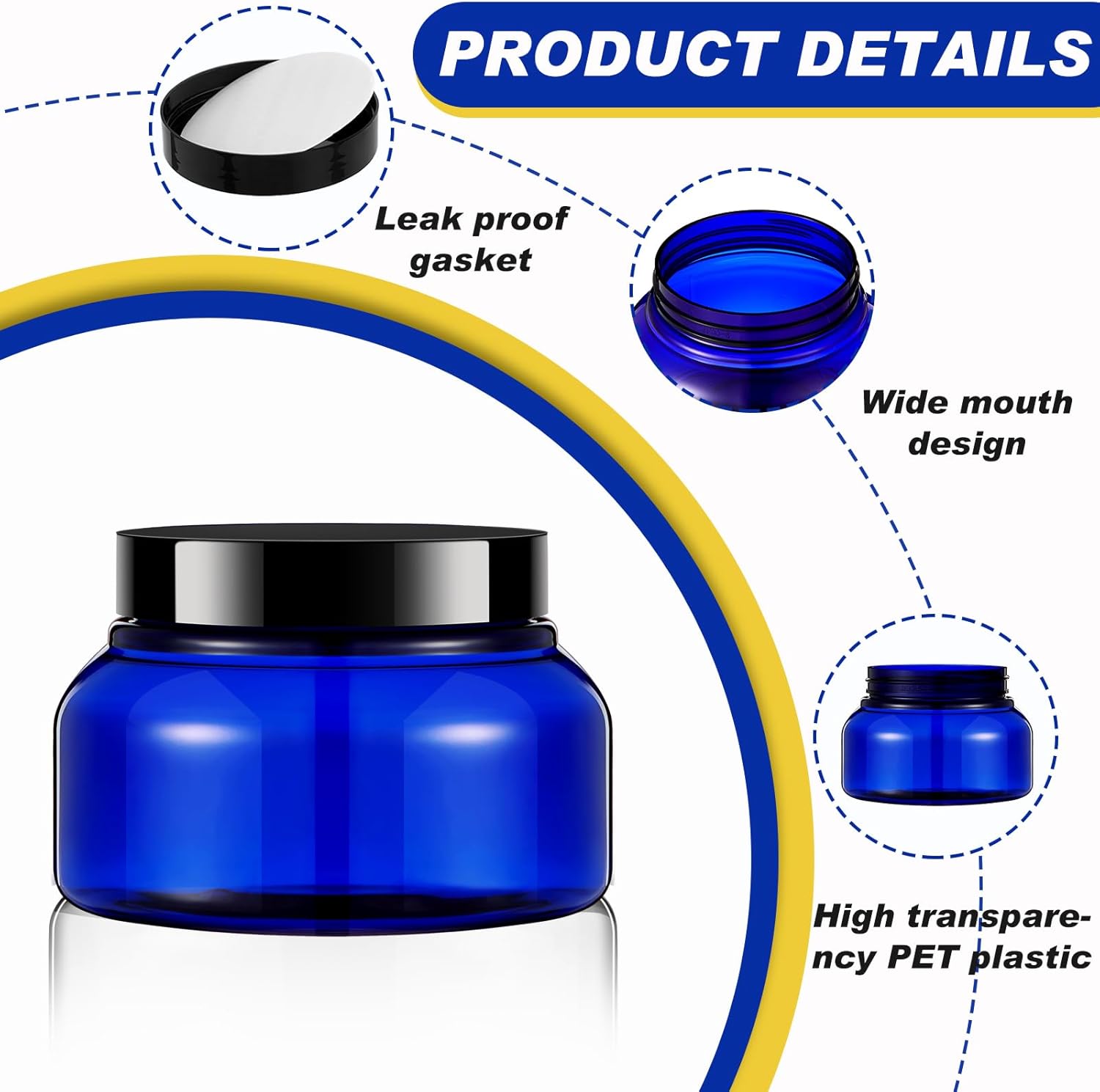 Tessco 24 Pack Plastic Jars with Lids Labels Empty Clear Plastic Jars Round Refillable Cosmetic Containers Body Butter Containers Bulk Sugar Scrub Bottle for Make Up(8 oz,Blue, Black)-Velvo Beauty