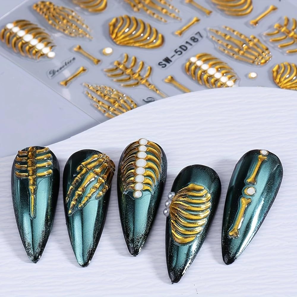 3Pcs Skull & Ribcage 5D Nail Stickers - Y2K Gothic Horror Design, Self-Adhesive Foil Decals Halloween Nail Art, Single-Use Plastic Embossed Animal Print, Golden, White, Rose Gold Skull Nails Decals-Velvo Beauty