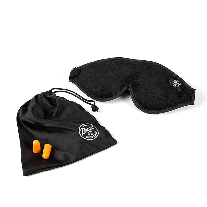 Dream Essentials - Escape 3D Sleep Mask, Earplugs and Carry Pouch Set, Molded Eye Shade for Men and Women, Contoured, Nose Bridge, Light Block, Memory Foam, Gift Set, Travel, Yoga, Blindfold - Black-Velvo Beauty