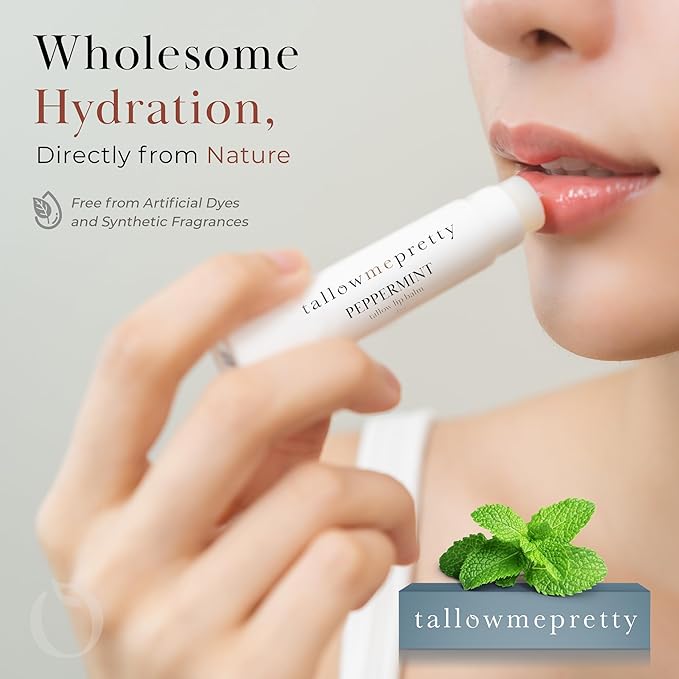 Peppermint Lip Balm, Ultra-Soothing, Deeply Hydrating Tallow Lip Balm with Grass Fed Beef Tallow, Beeswax, Jojoba Oil & More, Non Toxic Lip Care, Made in the USA, 0.15 Oz.-Velvo Beauty