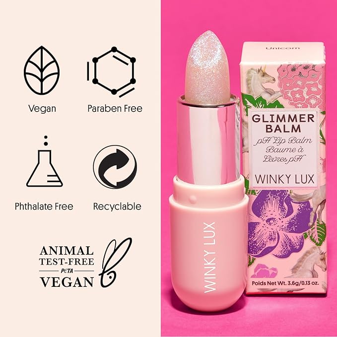 Winky Lux Glimmer Balm, pH Lip Balm, Color Changing Lipstick and Tinted Lip Balm, Vegan & Cruelty Free Lip Balm, Hydrate & Plump, Pink Shimmer Lipstick, Unicorn-Velvo Beauty