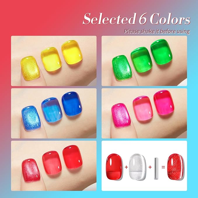 Born Pretty Neon Jelly Gel Nail Polish Glass Crystal Spring Summer Transparent Ice Jelly Gel Polish with Silver Holographic Glitter Cat Magnetic Eye Gel Polish Collection Minicure DIY Gifts 6PCS-Velvo Beauty