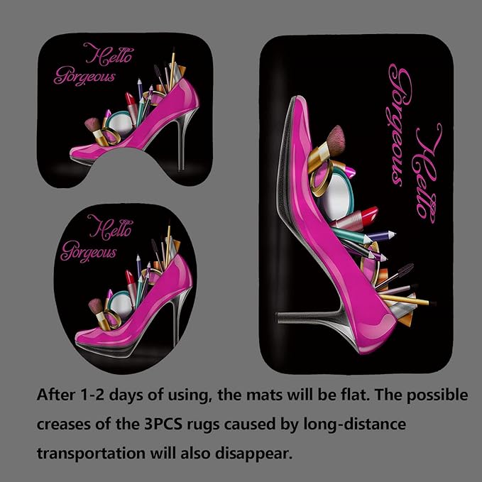 4PCS Hello Gorgeous Shower Curtain Set, Hot Pink High Heels Lipstick Makeup Fashion Girls Women Bathroom Decor, Waterproof Fabric Black Shower Curtain, Non-Slip Bath Mat Toilet Rug, Hot Pink-Velvo Beauty