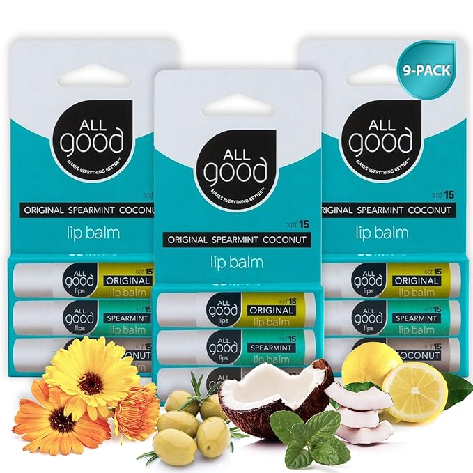 All Good Organic SPF15 Lip Balm - Hydrating Lip Care with Olive Oil, Beeswax, Calendula, Lavender, Vitamin E - Lip Moisturizer with Zinc Oxide Protection - Original, Spearmint & Coconut (9-pack)-Velvo Beauty
