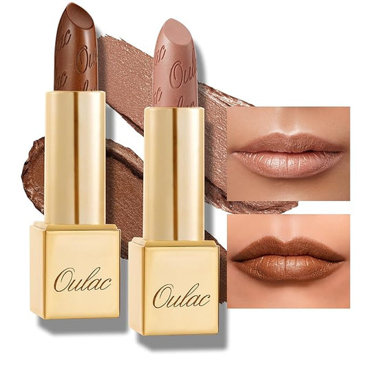 Oulac Metallic Brown & Nude Lipstick Set - 2PCS Vegan Lightweight Hydrating Formula with High Impact Lip Color for Full Coverage Lip Makeup, Christmas Gifts for Women, 08+10-Velvo Beauty