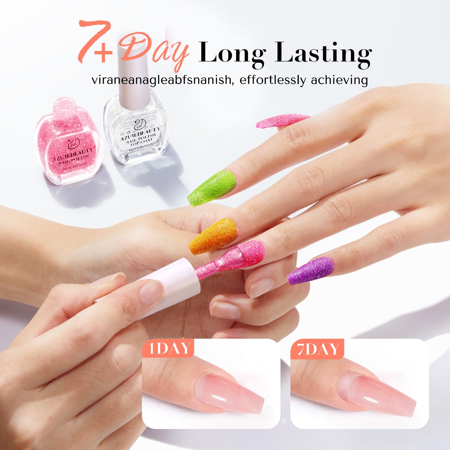 AZUREBEAUTY Nail Polish Set, 4 Colors Shimmer Glitter Neon Pink Orange Green Purple Spring Summer Long Lasting Quick Dry Natural Fingernail Lacquer Strengthening Kit with Top Coat DIY Salon-Velvo Beauty
