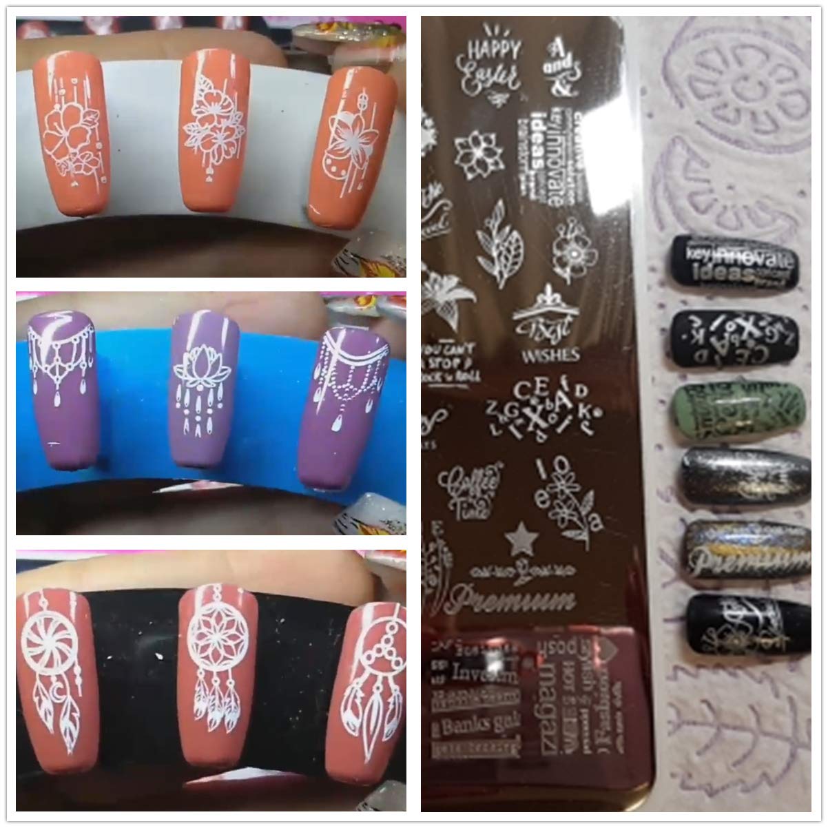 Flowers Leaf Love Nail Stamping Plate 2pcs Dreamcatcher Feather Pendant Image Stamping Template Alphabet Letter Words Creative Large Size Nail Plate Printer Star Lips Nail Stamp Stencil 14.5×9.5cm-Velvo Beauty