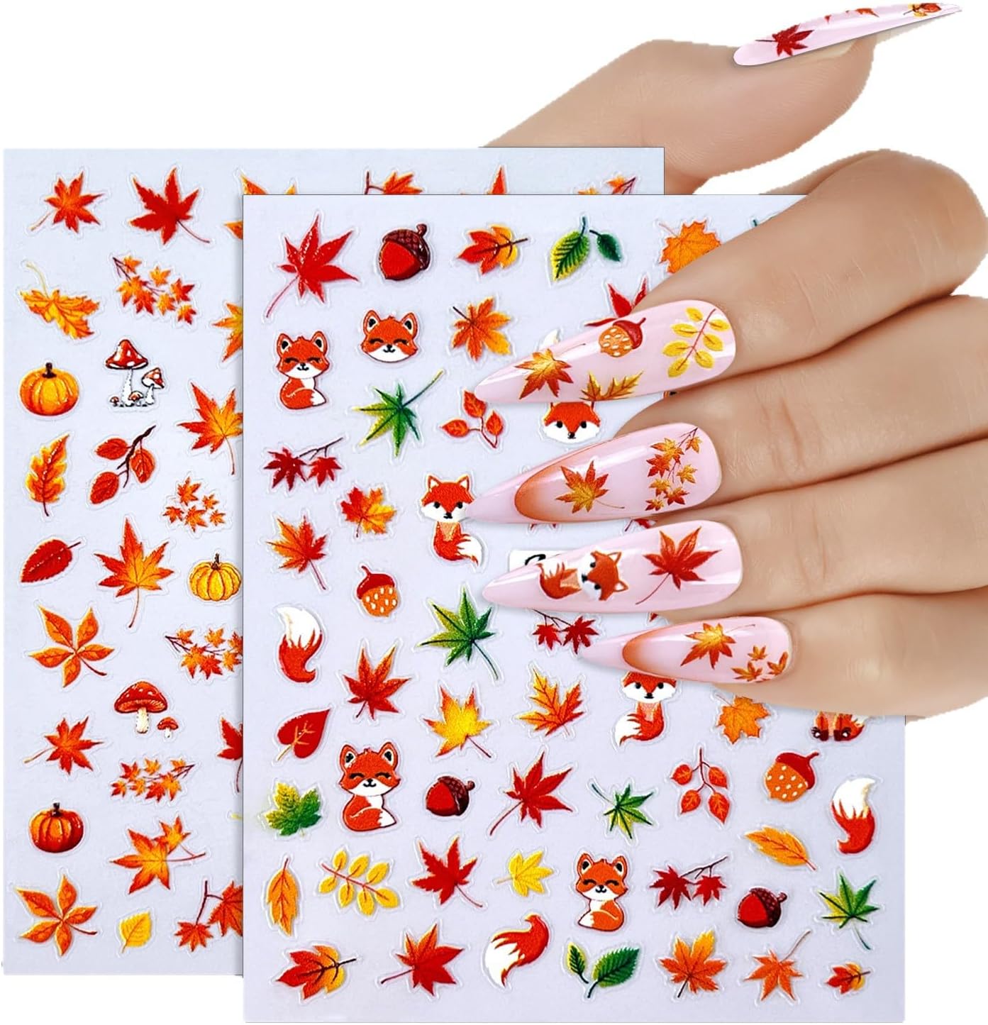 Fall Nail Art Stickers - 5D Miniature Sculpture Fall Pumpkin Nail Decals - 2PCS Manicure Maple Leaves Squirrel Mushroom Nail Art Supplies Autumn Acrylic Nail Art Decoration for Women-Velvo Beauty