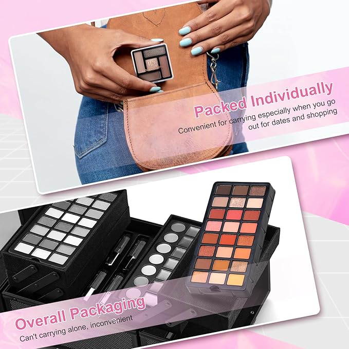 Color Nymph Starter Makeup Kit for Tweens Girls, Train Case for Women Full Kit with Eye Shadow, Lipstick, Blush, Brushes, Lipgloss, Mascara, Brow Wax and Mirror Pink Full Starter Cosmetics Set-Velvo Beauty