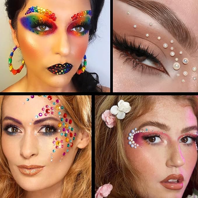 Flat Back Rhinestone+Half Round Pearl Kits Colorful Rhinestones+White AB&Beige AB Pearls With Quick Dry Makeup Glue+Picker Pencil+Tweezer For Nail Art And Face Make-up-Velvo Beauty