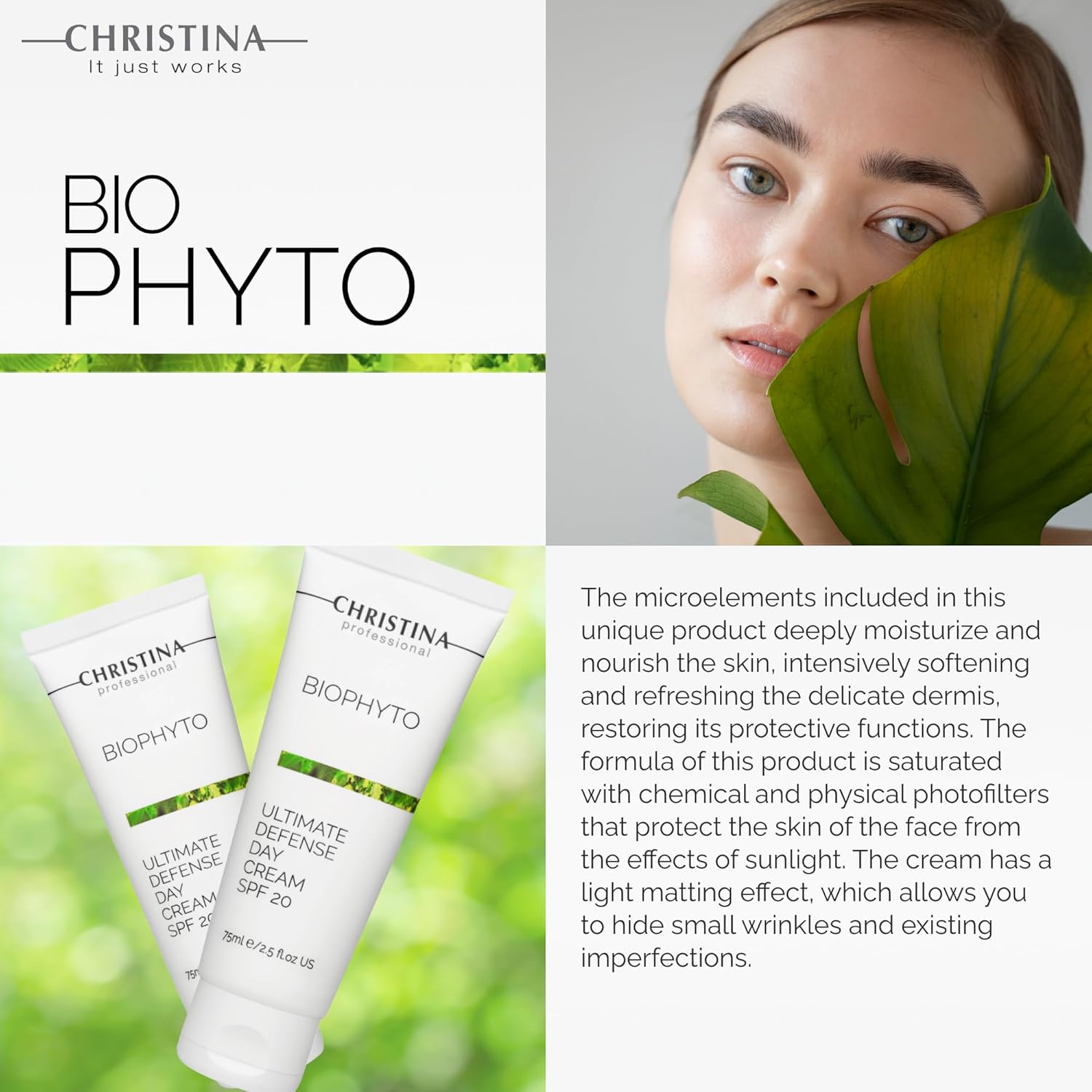 Christina Bio Phyto Ultimate Defense Day Cream Moisturizer with SPF 20-75 ml - Broad Spectrum UVA/UVB Protection Facial Moisturizer with Hyaluronic Acid & Vitamin B12- For Normal & Combination Skin-Velvo Beauty