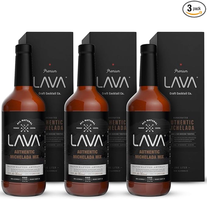 (3 Pack) LAVA All Natural Authentic Michelada Mix Craft Cocktail Mixer, Made with Real Tomatoes, Ancho Chile Peppers, Tamarind, No Junk Ingredients, Vegan, 1-Liter (33.8oz) Glass Bottle, Ready to Use-Velvo Beauty