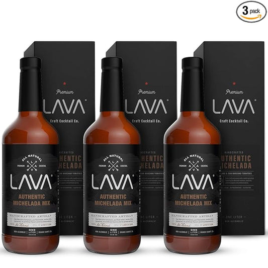 (3 Pack) LAVA All Natural Authentic Michelada Mix Craft Cocktail Mixer, Made with Real Tomatoes, Ancho Chile Peppers, Tamarind, No Junk Ingredients, Vegan, 1-Liter (33.8oz) Glass Bottle, Ready to Use-Velvo Beauty