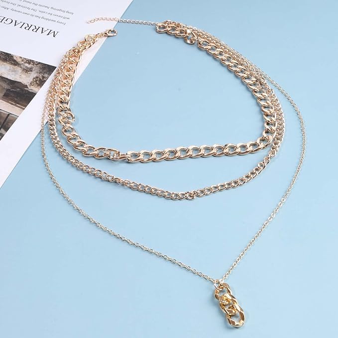 Punk Layered Necklace Choker Gold Cable Chain Necklace Vintage Chain Drop Necklace Multi Layer Necklace Set Jewelry for Women and Girls Gifts-Velvo Beauty