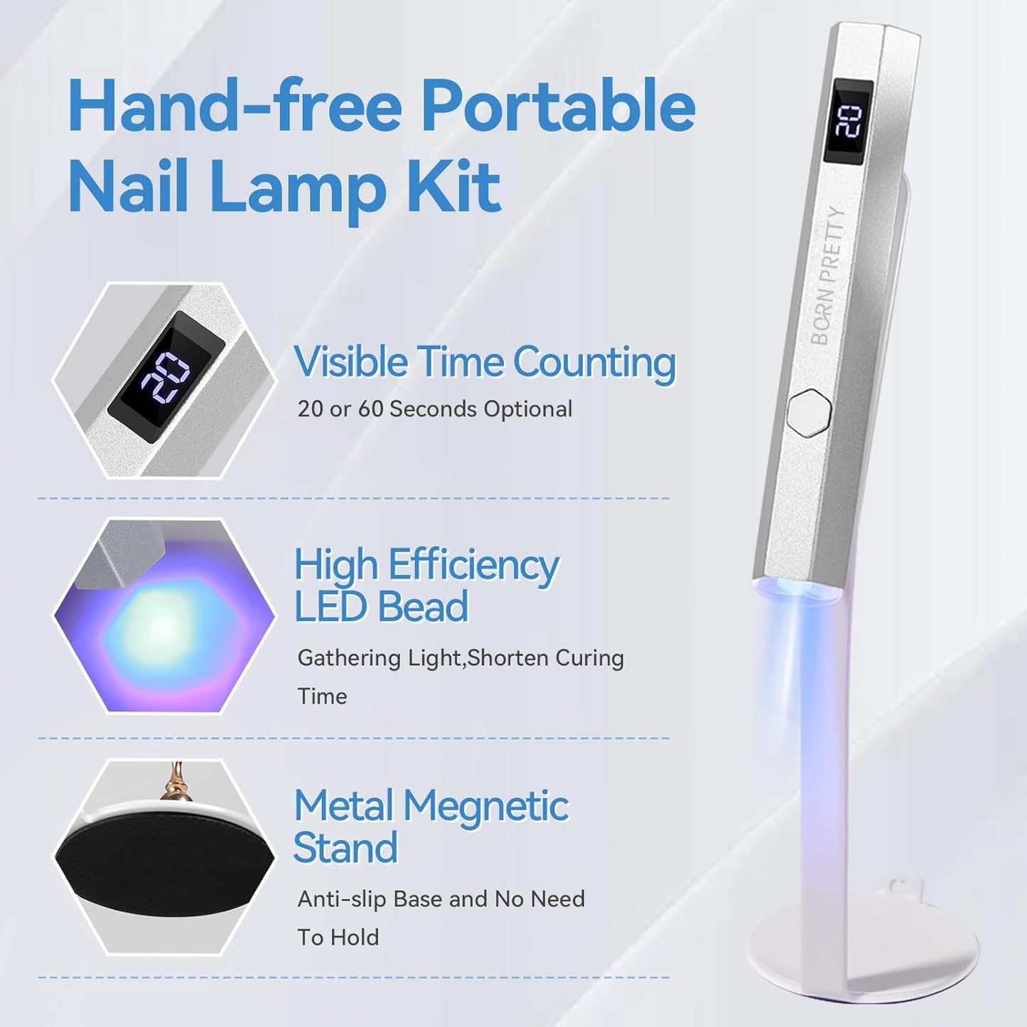 Born Pretty Handheld Magnetic U V Light for Nails, Metal Portable Mini Handheld U V Nail Light, Fast Curing U V Nail Dryer Nail Stamper Magnetic Stand Wireless Handheld LCD Display Screen-Velvo Beauty