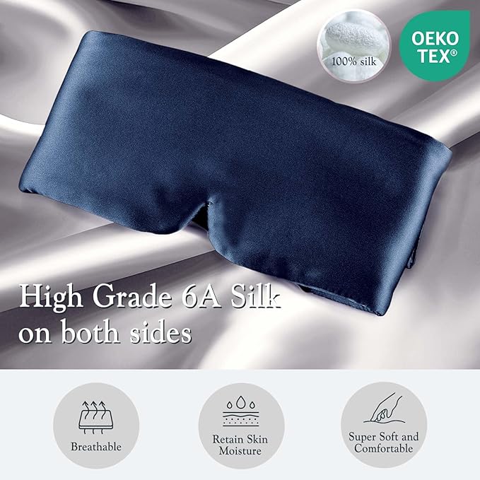 Nature Silk Sleeping Mask Soft Featherweight Eye Mask Large Wrap-Around Blindfold with Adjustable Velcro Blackout for Wild Sleeper Nose Cut (NavyBlue)-Velvo Beauty