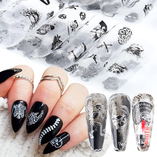 Black Skull Design Nail Foils Halloween Nail Transfer Foil Gothic Skull Nail Art Stickers Decals with Horror Pirate Skeleton Vampire Bone Butterfly Slider Wrap Design Nail Art Decoration Supplies-Velvo Beauty