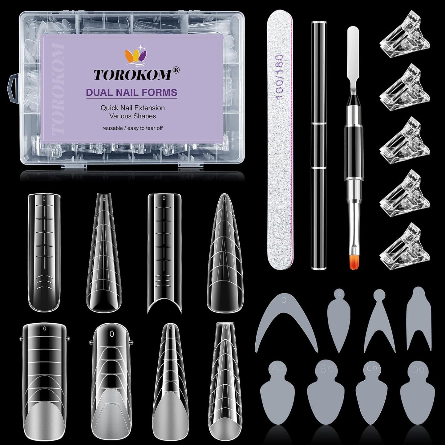 TOROKOM Dual Form Kit, 192PCS Poly Gel Forms for French Nails, 96PCS Reusable Silicone Pads, 5PCS Clips, Brush Pen, Files Buffer, Extension Kit for Beginner-Velvo Beauty