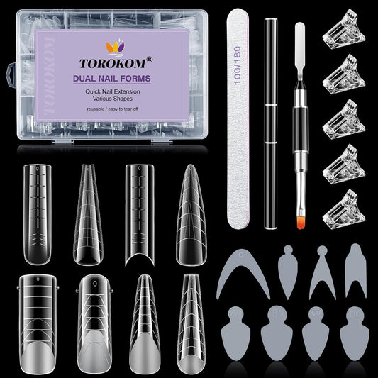 TOROKOM Dual Form Kit, 192PCS Poly Gel Forms for French Nails, 96PCS Reusable Silicone Pads, 5PCS Clips, Brush Pen, Files Buffer, Extension Kit for Beginner-Velvo Beauty