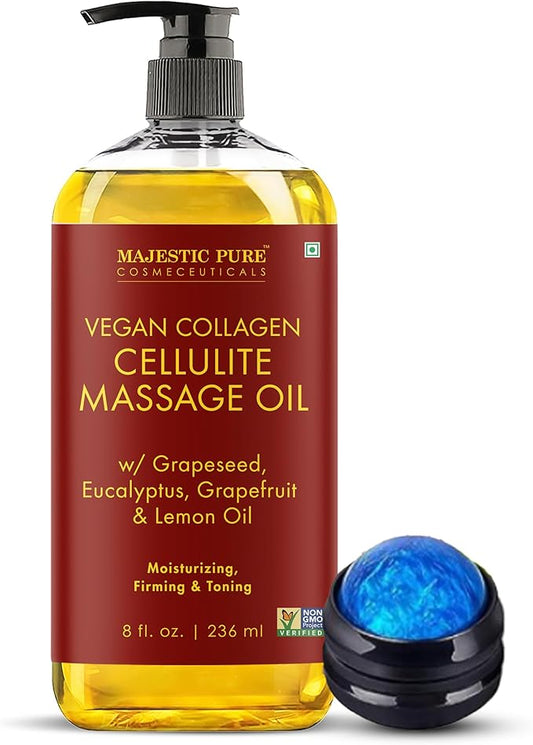 MAJESTIC PURE Massage Oil for Massage Therapy - Refreshing, and Relaxing - Natural Oils - for All Skin Types - Men and Women (8 Fl Oz, Cellulite Massage Oil with Roller)
