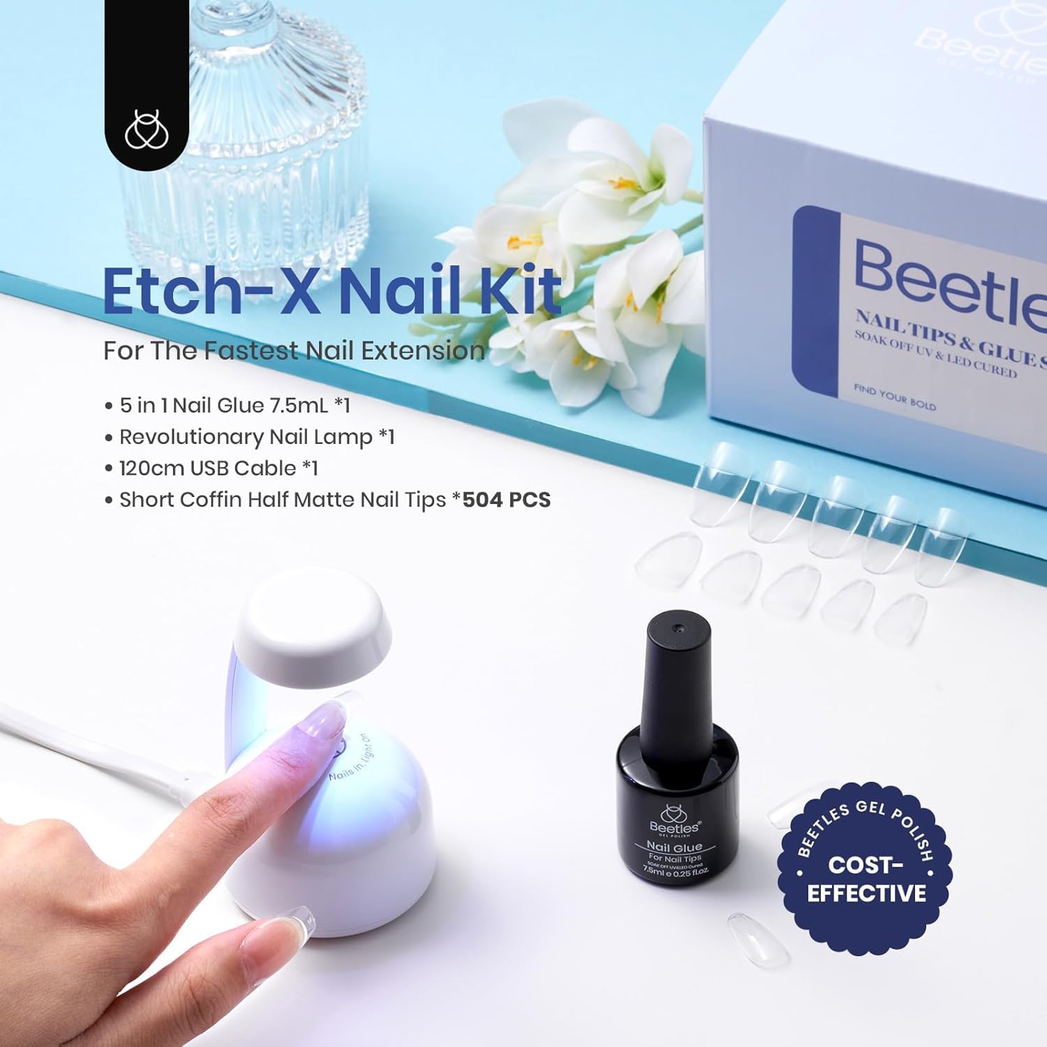 Beetles Gel Nail Kit Coffin: 504Pcs False Nail Tips Easy Nail Extension Set Short Coffin Shape 5 In 1 Nail Glue Uv Led Lamp Acrylic Gel Nail Kit DIY Nails Art Gifts for Women-Velvo Beauty