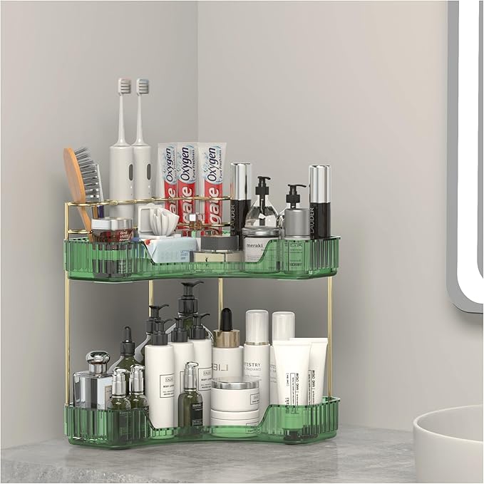 2 Tier Corner Bathroom Organizer Countertop, Vanity Makeup Organizer with Brush Holder, Space-Saving Skincare Storage Corner Shelf for Bathroom, Dressing Table, Kitchen-Velvo Beauty