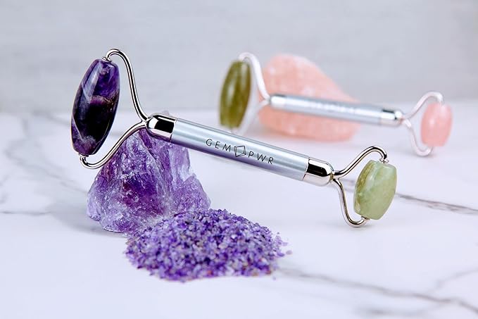 Amethyst + Jade Roller for Face and Neck Massage, Dual Gemstones with Durable Steel Handle and Travel Bag. Minimize Wrinkles, Reduce Puffiness and Restore Skin's Elasticity and Radiance-Velvo Beauty