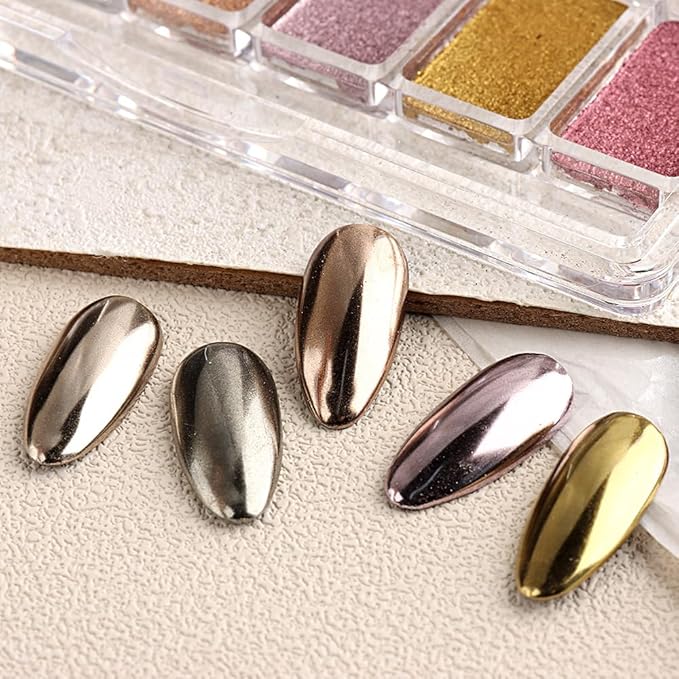 6 Colors Solid Chrome Nail Glitter Powder Set Metallic Mirror Chrome Powder for Nails, Gold Rose Gold Champagne Mutil Colors Palette Nail Pigment Powder Manicure Nail Art Decorations-Velvo Beauty