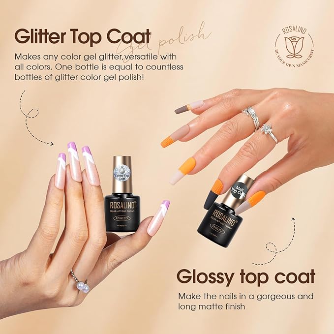 ROSALIND 8 PCS Nail Prep Dehydrator and Primer with Base Coat Top Coat, Glossy Glitter Matte Top Coat for Acrylic Gel Nail Polish Nail Art Supplies Gift-Velvo Beauty