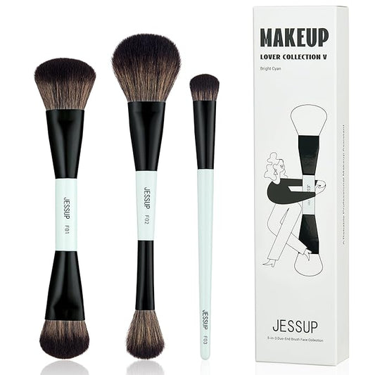 Jessup Face Makeup Brushes Blue 3pcs Double Ended Makeup Brush for Foundation Contour Blush Highlight and Concealer Brush, Premium Synthetic Brush Set T503-Velvo Beauty