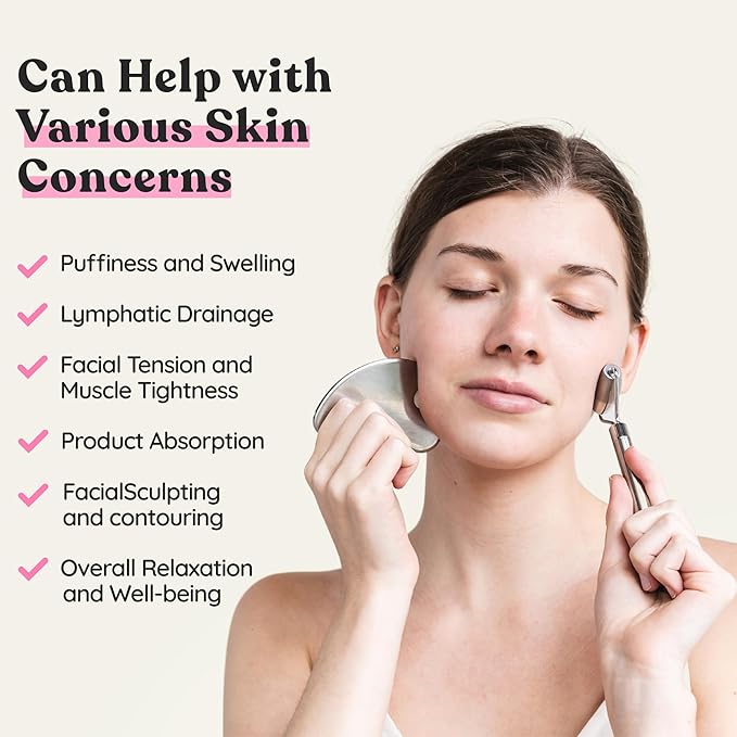 Stainless Steel Face Roller - Premium Gua Sha Facial Tools Stainless Steel GuaSha Tool and Face Roller Set - Gua Sha Stainless Steel Gua Sha Tool - Metal Face Roller and Gua Shua Set - Spa Gifts-Velvo Beauty