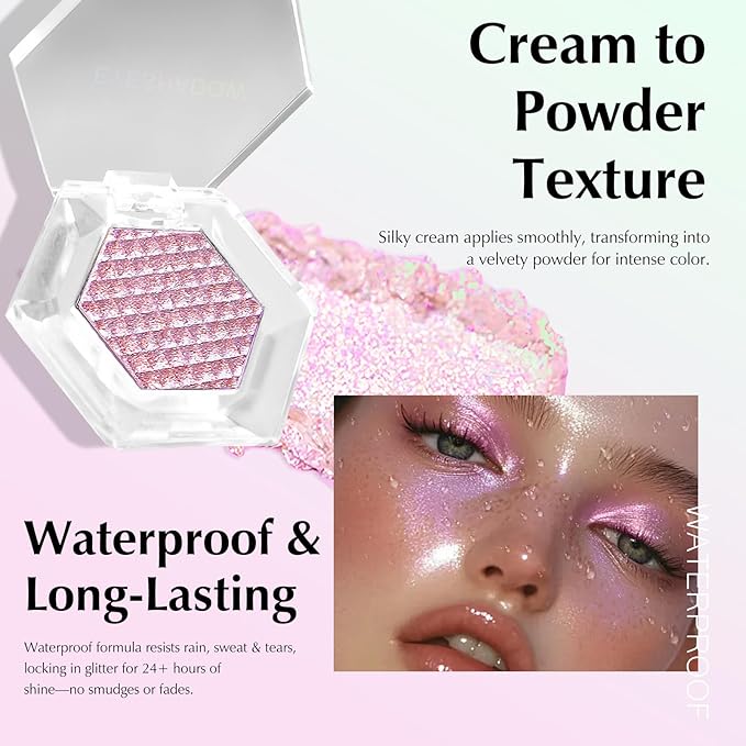 Pink Glitter Eyeshadow Palette, Multichrome Chameleon Cream to Powder Eye Shadow, Color Shifting Holographic Eyeshadow Shimmer Inner Corner Eye Brightener Highlighter Makeup-Velvo Beauty