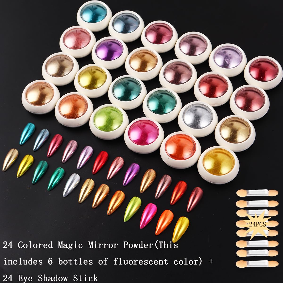 24Pcs Chrome Nail Powder Set - Metallic Mirror Effect Holographic Iridescent Aurora Mermaid Nail Powder Pigment Silver Red Green Gold Nail Chrome Powder for Nails Art Decoration(24 Eye Shadow Sticks)-Velvo Beauty