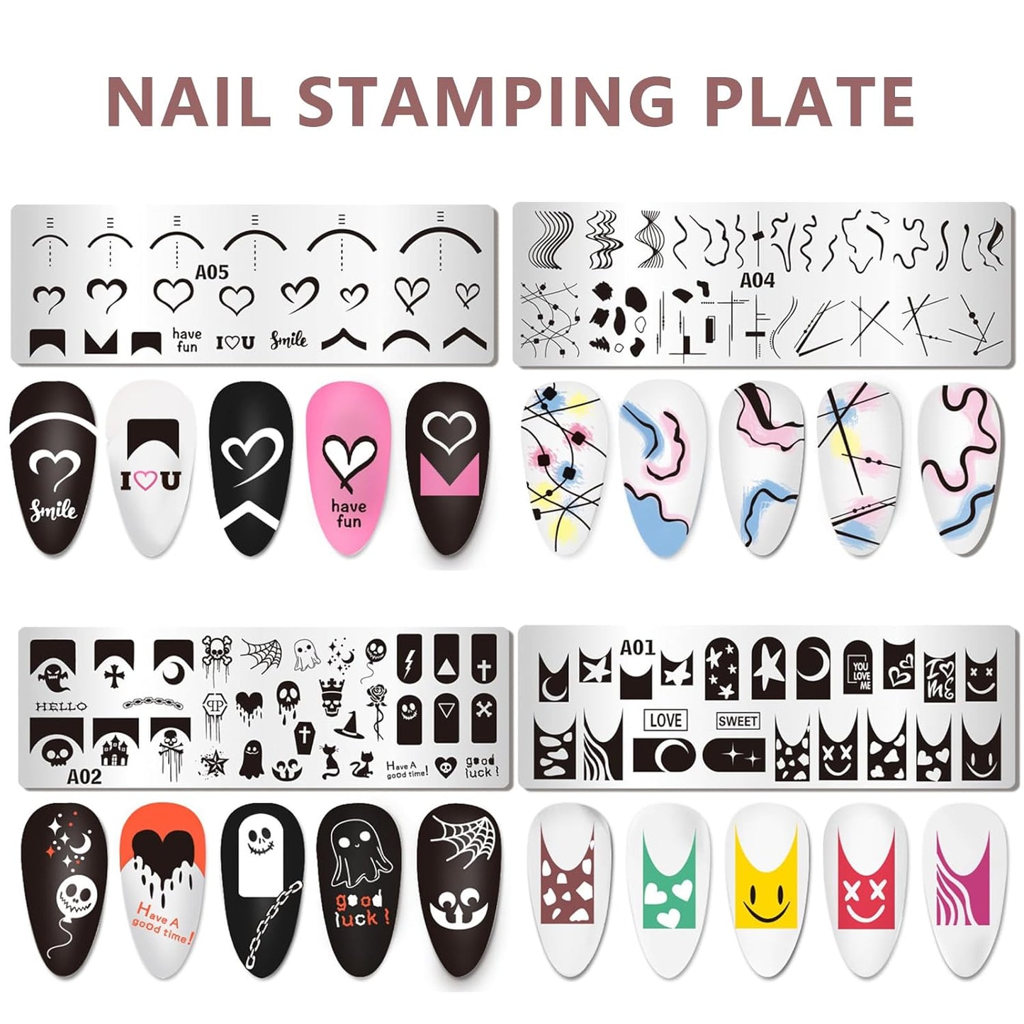 AddFavor Nail Stamper Kit 8pcs Nail Stamping Plates French Geometric Heart Star Image Nail Stencils with Silicone Stamp and Scraper for Women Girls Summer Nail Art Design Supplies Tools-Velvo Beauty