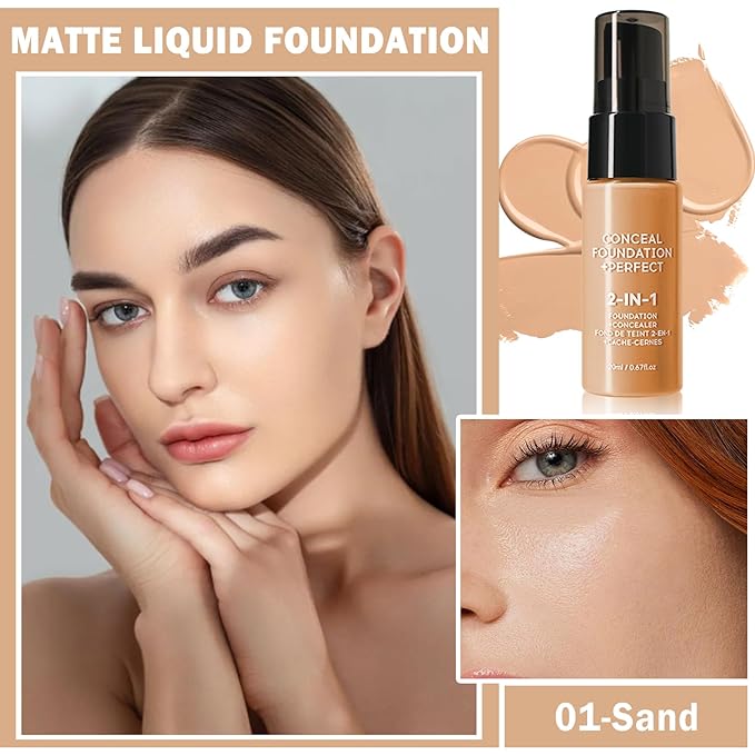 Concealer Full Coverage Foundation for Mature Skin,Oil Control Matte 2 in 1 Concealer liquid Foundation Makeup Waterproof Base De Maquillaje Alta Cobertura-01 Sand-Velvo Beauty