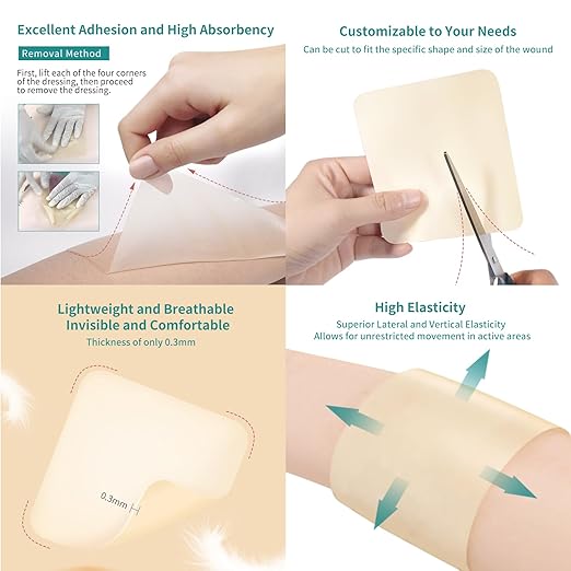 Dimora Hydrocolloid Wound Dressing, 10 Pack Ultra Thin 4" x 4" Large Patch Bandages with Self-Adhesive, Fast Healing for Bedsore, Burn, Blister, Acne Care, Sterile and Waterproof-Velvo Beauty